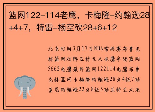 篮网122-114老鹰，卡梅隆-约翰逊28+4+7，特雷-杨空砍28+6+12