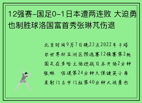 12强赛-国足0-1日本遭两连败 大迫勇也制胜球洛国富首秀张琳芃伤退
